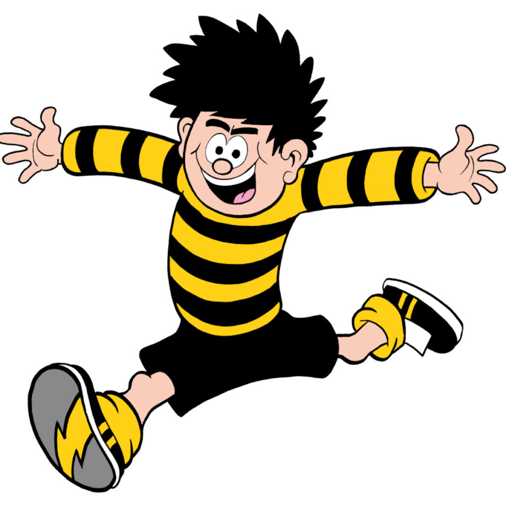 Dennis the Menace wearing a yellow and black striped jumper, as part of the #HelloYellow campaign.