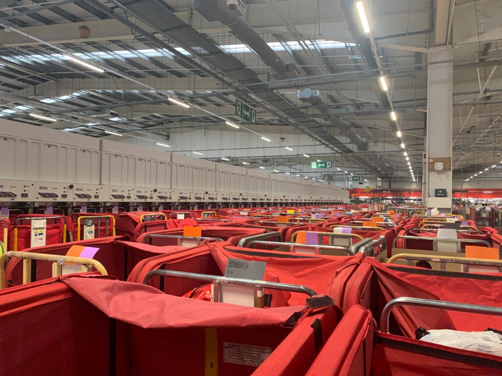A photo of all the parcels in bags at the Royal Mail Edinburgh Mail Centre.