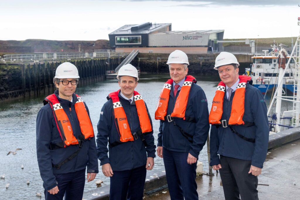 (L-R) Matthieu Hue, CEO of EDF Renewables UK; Michael Matheson, Cabinet Secretary; Matthias Haag, NnG Project Director and John O’Connor, Generation Delivery at ESB in front of the new NnG O&M base. 