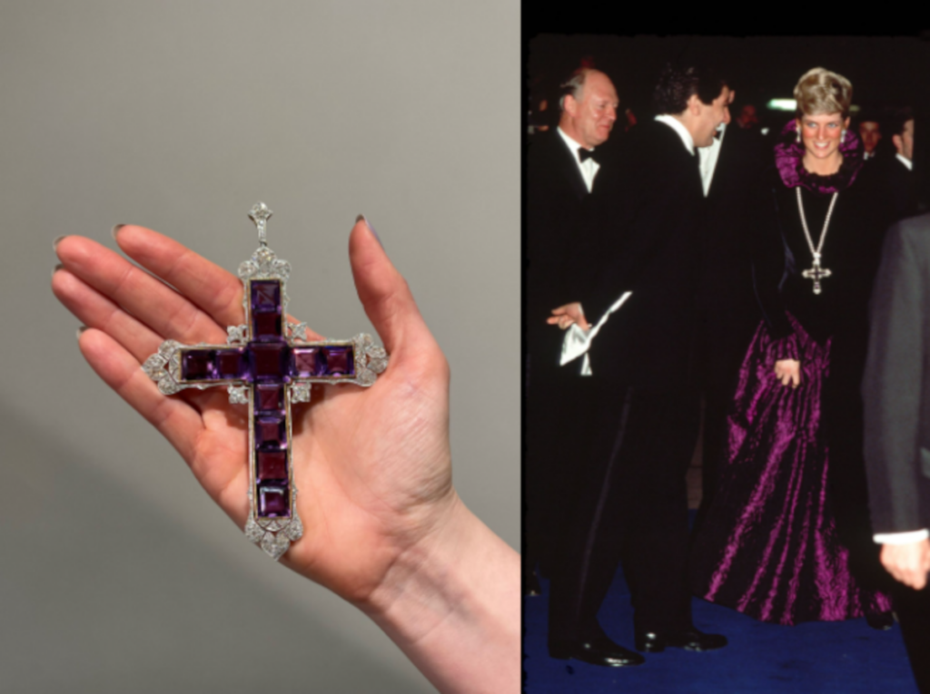 The Attallah Cross (L) and Princess Diana wearing the jewellery to a gala in 1987 (R).