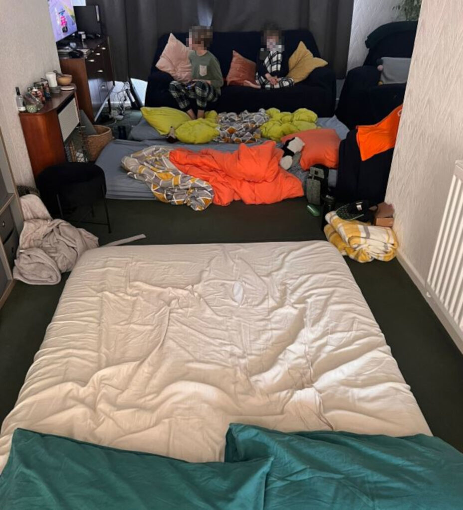 David Tew, Katy Rickman and their two nine-year-old children have been subjected to almost a month sharing an air bed due to delayed works upstairs by company Safestyle Windows.