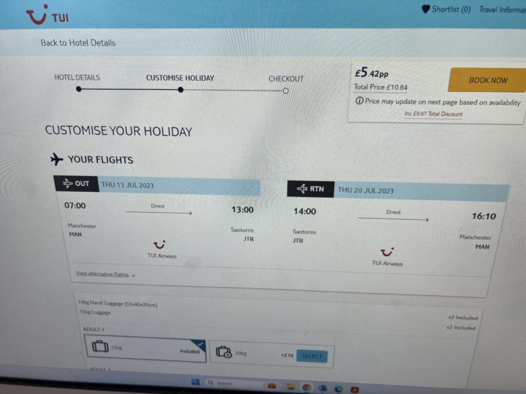 A screenshot of the Tui advertised cheap holiday to Greece.
