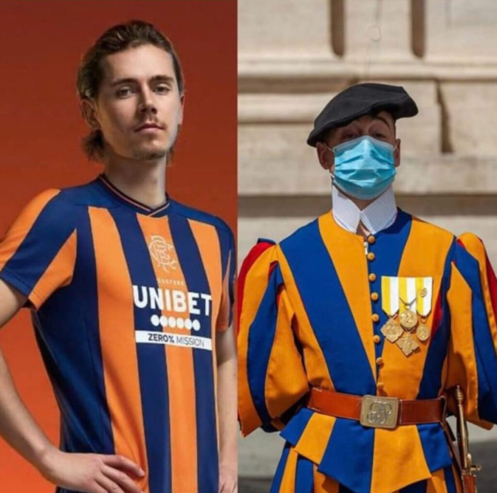 Rangers football Todd Cantwell models the new kit compared to a Swiss Guard