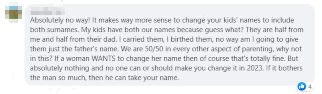 A commenter telling the poster to not change her name.