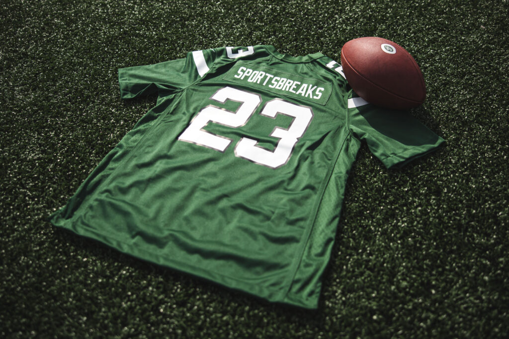 New York Jets jersey with Sportsbreaks 23 on the reverse