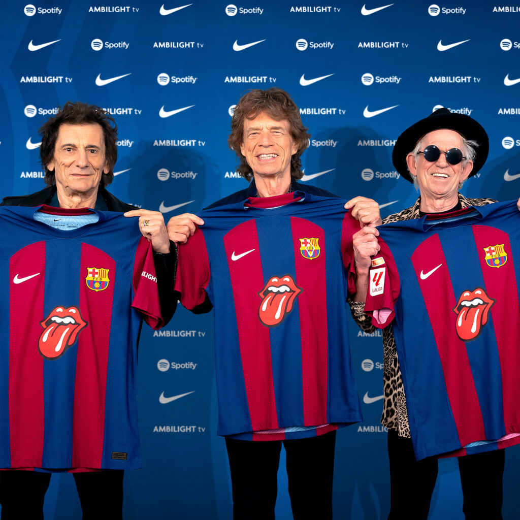 The Rolling Stones showcasing their logo sponsoring FC Barcelona.