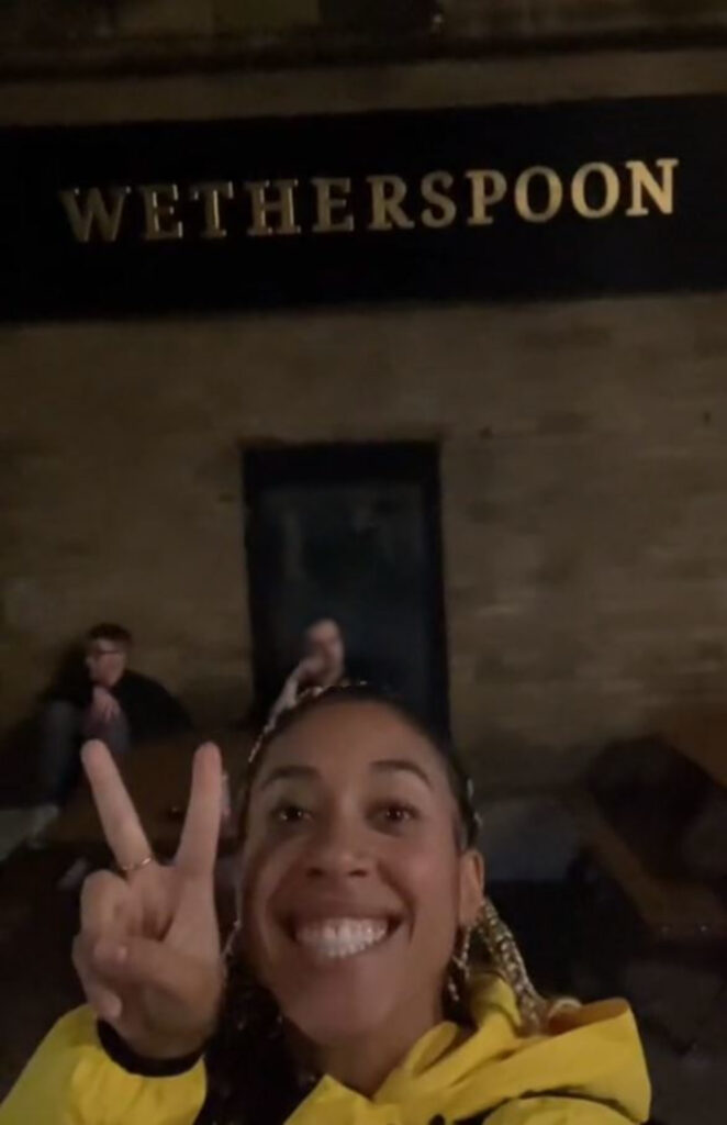 Jenna posing outside Wetherspoons.