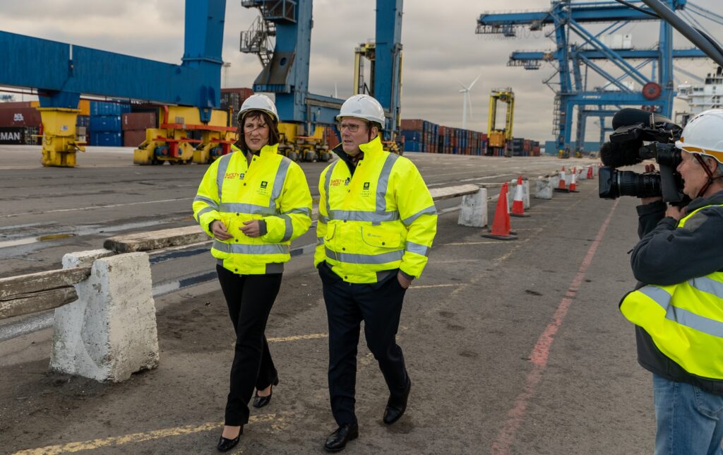 Labour Leader Sir Keir Starmer and Shadow Chancellor of the Exchequer Rachel Reeves in hi-vis jackets and helmets