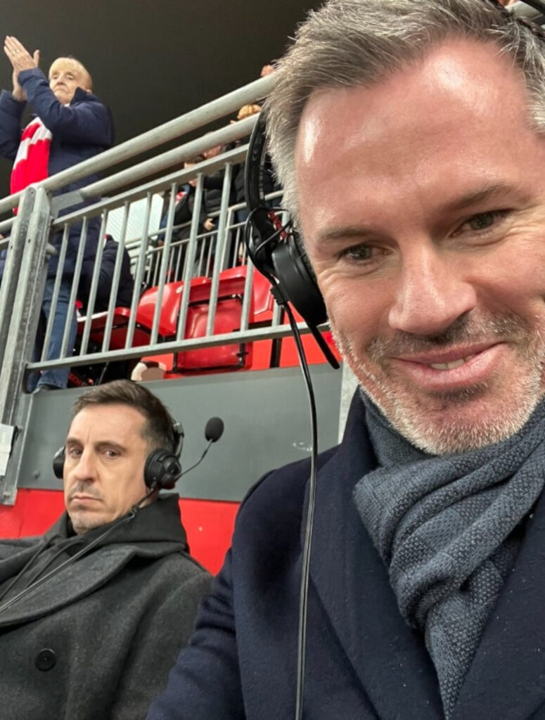 Jamie Carragher on the right pictured with co-commentator Gary Neville