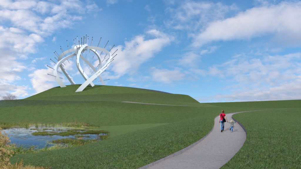 An artistic rendering of the Star of Caledonia that shows a parent a child walking by it on a path on a sunny day.