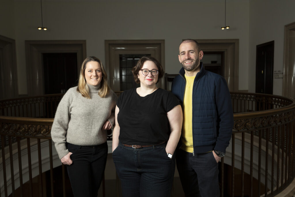 (L to R): Elaine Burgess, Executive Director at Amiqus, Danae Shell, CEO and founder of Valla, and Callum Murray, CEO of Amiqus smile together for photo.