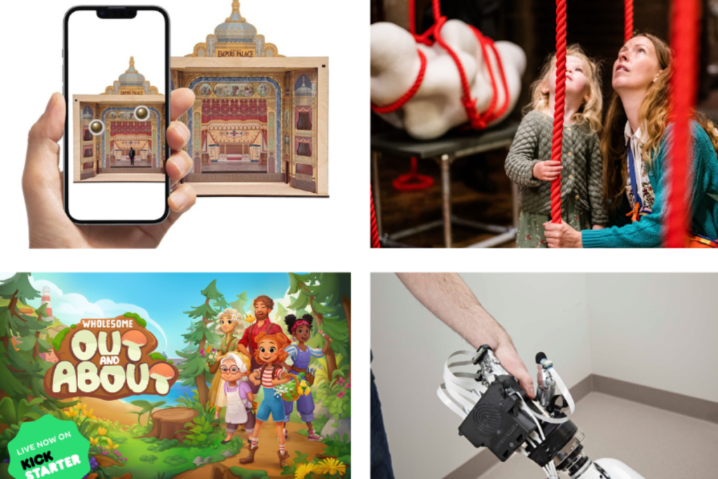 First picture is an immersive phone experience with a building. Next is a mother and daughter foling rope and looking up. Another picture is the cartoon darwing of a kids show called 'Wholesome Out and About'. The last is a human hand holding a robotic hand.
