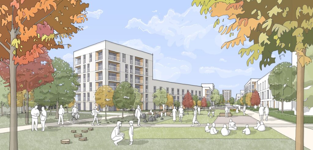 Drawing of an artists impression of the new green spaces for Wyndford.
