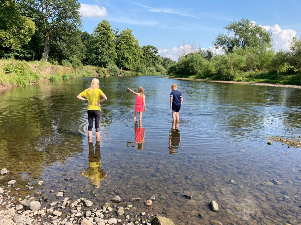 3 children exploring a river.