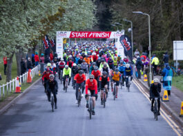 Cyclists set off from the starting line in Inverness led by Brian Smith (image supplied with release by whale-like-fish)