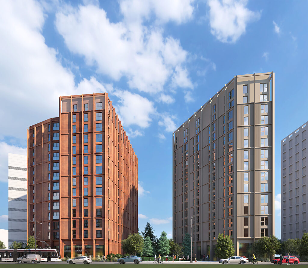 CGI mock up of the proposed Ocean Point 2 development, to large new build style buildings stand next to each other. Image supplied with release by S Harrison Developments