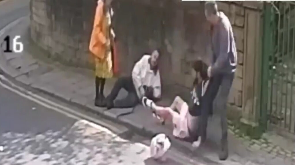 The thugs violent spree was stopped when a bystander knocked him out.