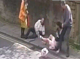 The thugs violent spree was stopped when a bystander knocked him out.