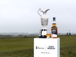 Bottle of Glen Moray next to the Senior Open Cup. Image supplied with release by Burt Greener.